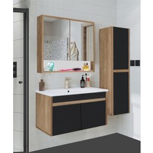 Alfa Banyo Serena Ea 80 cm Seramik Lavabolu Banyo Dolabı Seti, Boy Dolaplı, Mdf, 80+35 Cm, Hazır Kurulu-Siyah