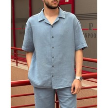 Erkek, apaş yaka, Oversize, %100 pamuk, Müslin dokuma, Kısa kollu gömlek G14