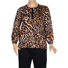 Cimariva Kadın Vera Büyük Beden O Yaka Koton Penye Siyah Leopar Bluz