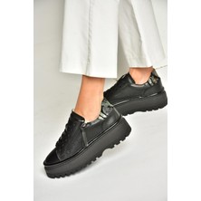 U555310203 Siyah Hakiki Deri Kalın Tabanlı Spor Ayakkabı Sneakers