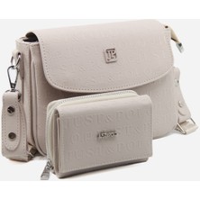 Just Polo Kadın Taba Baskı Desenli Kolon Askılı 3 Bölmeli Omuz Çantası ve Cüzdan Kombini MDS2184-1002