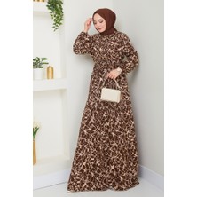 İlkimay.com Sevil Yarım Düğmeli Dokuma Viskon Elbise 1504 - Acı Kahve