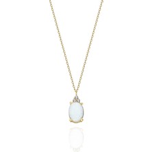 Fasek Gold Gümüş Kolye - 1.50 Ct Opal Oval Pırlanta Montürü Taşlı Gümüş Kolye - Hediyelik 925 Ayar Gümüş Kolye