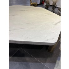 Stone Orta Sehpa Yuvarlak Modern Orta Sehpa  Pirinç Detaylı Metal Ayaklı Taş Görünümlü Sehpa