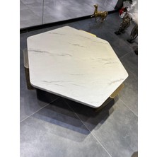 Stone Orta Sehpa Yuvarlak Modern Orta Sehpa  Pirinç Detaylı Metal Ayaklı Taş Görünümlü Sehpa