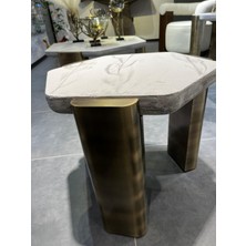 Stone Yan Sehpa Modern Yuvarlak Metal Ayaklı Yan Sehpa  Pirinç Detaylı Şık Yan Sehpa