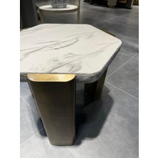 Stone Yan Sehpa Modern Yuvarlak Metal Ayaklı Yan Sehpa  Pirinç Detaylı Şık Yan Sehpa