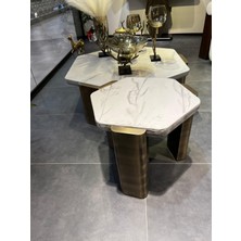 Stone Yan Sehpa Modern Yuvarlak Metal Ayaklı Yan Sehpa  Pirinç Detaylı Şık Yan Sehpa