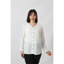 2B-069 Kolu Apoletli Büyük Çiçek Desenli Pamuk Keten Kadın Büyük Beden Beyaz Gömlek