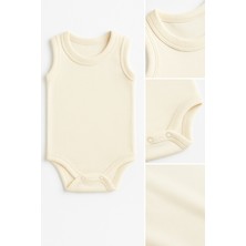3’lü Bej-Beyaz-Sarı Bebek Zıbın Seti | Pamuklu Kolsuz Çıtçıtlı Yazlık Body | Unisex Bebek Badi