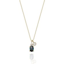 Fasek Gold 925 Ayar Gümüş Kolye -1.3ct Mistik Topaz Aleksantrıt Oval Taşlı Pırlanta Montürü Nano Has Taşlı Gümüş Kolye-Hediye 925 Ayar Gümüş Kolye