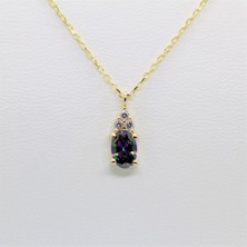 Fasek Gold 925 Ayar Gümüş Kolye -1.3ct Mistik Topaz Aleksantrıt Oval Taşlı Pırlanta Montürü Nano Has Taşlı Gümüş Kolye-Hediye 925 Ayar Gümüş Kolye