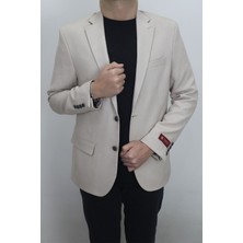Moda Men Fistan Store Erkek Krem Düz Spor Kesim Normal Kalıp Çift Düğme Çift Yırtmaçlı Blazer Ceket