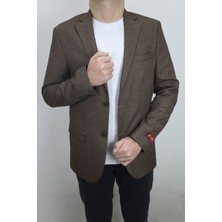 Moda Men Fistan Store Erkek Kahverengi Düz Spor Kesim Normal Kalıp Çift Düğme Çift Yırtmaçlı Blazer Ceket