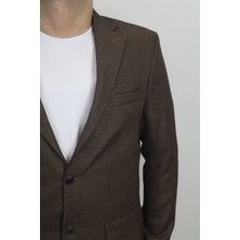 Moda Men Fistan Store Erkek Kahverengi Düz Spor Kesim Normal Kalıp Çift Düğme Çift Yırtmaçlı Blazer Ceket