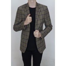 Moda Men Fistan Store Erkek Haki Yeşil Ekose Kareli Italyan Kesim Dar Kalıp Çift Düğme Kışlık Blazer Ceket