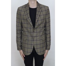 Moda Men Fistan Store Erkek Haki Yeşil Ekose Kareli Italyan Kesim Dar Kalıp Çift Düğme Kışlık Blazer Ceket