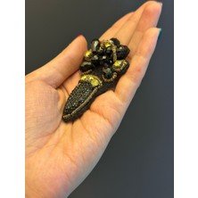 Gönülden Tasarım Siyah Cam Boncuklu Çiçekli Koza Arma Dikiş Aplike 7x4 cm