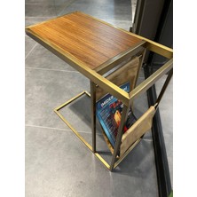 Main Zigon Sehpa Ceviz Desenli Kitaplıklı Yan Sehpa Pirinç Detaylı Nubuk Bölmeli Zigon Sehpa