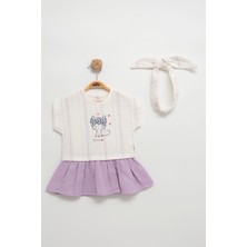 Mini Baray Sevimli Kedicikli Müslin Bandalı Kız Bebek Elbise Takımı (9-12-18 Ay)