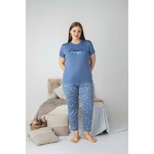 Kadın Bisiklet Yaka Düğmesiz Battal Kesim Viskon Yazlık Kısa Kol Büyük Beden Pijama Takımı