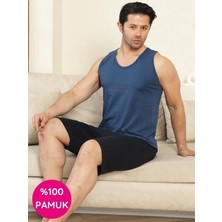 Erkek Bisiklet Yaka Düğmesiz %100 Pamuk Atlet Sporcu Kol Cepli Şortlu Pijama Takımı