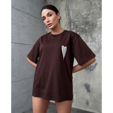 Kadın Kahverengi Taş Detaylı Oversize Kalıp T-Shirt