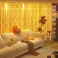 300 Ledli 10 Saçaklı Sarı LED Kumandalı 8 Modlu Perde LED Peri Mutfak Işık Dekoratif Lamba