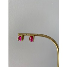 Çelik Halka Pembe Taşlı Gold Küpe