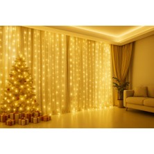 300 Ledli 10 Saçaklı Sarı LED Kumandalı 8 Modlu Perde LED Peri Mutfak Işık Dekoratif Lamba