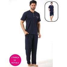 Erkek 3 Düğmeli Likralı Pamuk Kısa Kol Cepli Şortlu 3lü Pijama Takımı-3 Parça Kutulu Çeyizlik Set