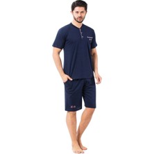 Erkek 3 Düğmeli Likralı Pamuk Kısa Kol Cepli Şortlu 3lü Pijama Takımı-3 Parça Kutulu Çeyizlik Set