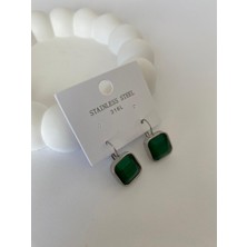 Çelik Kare Yeşil Taşlı Silver Küpe