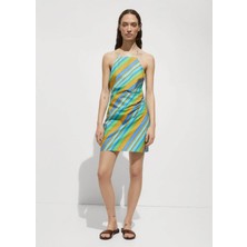 Mango Çizgi Desenli Halter Yaka Elbise