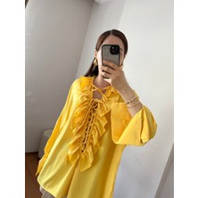 Oversize Yaka Fırfır Bağlama Detaylı Sarı Gömlek