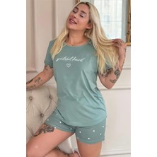 Pijama Evi Yeşil Grateful Heart Desenli Bambu Kısa Kol Kadın Şortlu Pijama Takımı