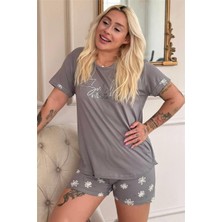 Gri Smile Everyday Desenli Bambu Kısa Kol Kadın Şortlu Pijama Takımı