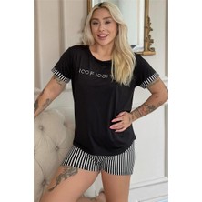 Pijama Evi Siyah Infinity Desenli Bambu Kısa Kol Şortlu Kadın Pijama Takımı