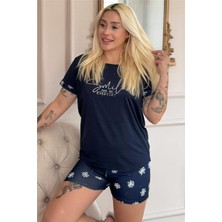 Pijama Evi Lacivert Smile Everyday Desenli Bambu Kısa Kol Kadın Şortlu Pijama Takımı