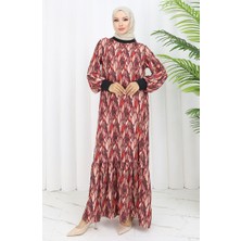 Sefa Merve Şifon Kumaş Yaprak Desenli Elbise 0054-02 Mürdüm