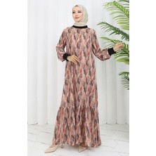 Şifon Kumaş Yaprak Desenli Elbise 0054-04 Vizon