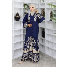 Sefa Merve Viskon Kumaş Yarım Düğmeli Elbise 0056-03 Lacivert