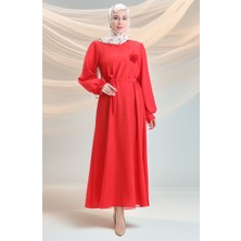 Sefa Merve Gofre Kumaş Kuşaklı Elbise 2043-01 Kırmızı