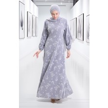 Sefa Merve Kolu Lastikli Desenli Elbise 2047-03 Açık Gri