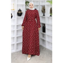 Sefa Merve Desenli Kuşaklı Elbise 2049-03 Bordo