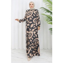 Sefa Merve Viskon Kumaş Desenli Elbise 2041-05 Gri Vizon