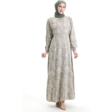 Sefa Merve Kolu Lastikli Desenli Elbise 2046-04 Koyu Bej