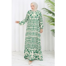 Sefa Merve Viskon Kumaş Desenli Elbise 0057-02 Yeşil Bej