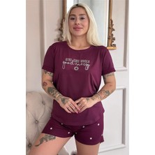 Pijama Evi Mürdüm Good Energy Desenli Bambu Kısa Kol Kadın Şortlu Pijama Takımı