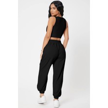 Kadın Siyah Kaşkorse Cepli Jogger Eşofman Altı ve Crop Top Bluz